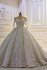 Wedding Dress Online Shop, Luxury Long Ball Gown Lace Appliques Wedding Dress with Sleeves