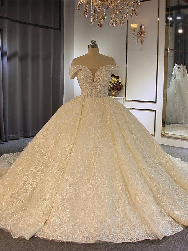 Wedding Dresses For Bride, Luxury Long Ball Gown Off-the-Shoulder Lace Tulle Wedding Dresses with Beading