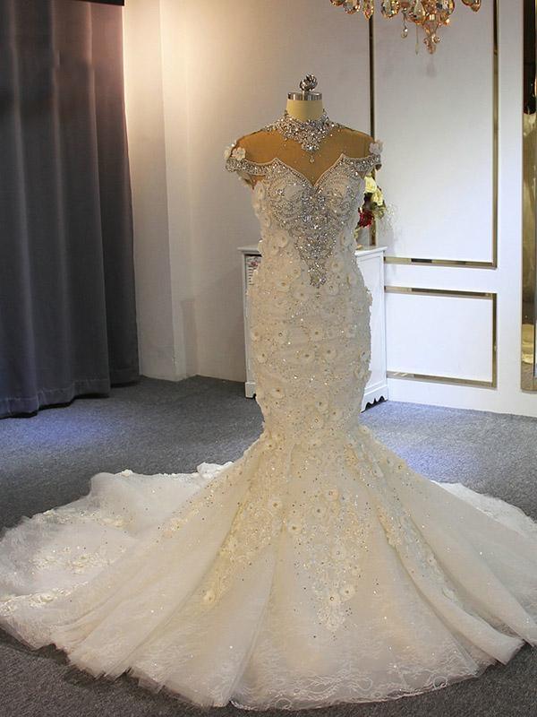 Wedding Dress For Bride, Luxury Long Mermaid Full Beading Lace Tulle Wedding Dresses