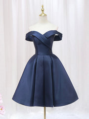 Prom Dress Long Elegent, Blue V-neckline Satin Off Shoulder Party Dress, A-Line Blue Short Evening Prom Dress