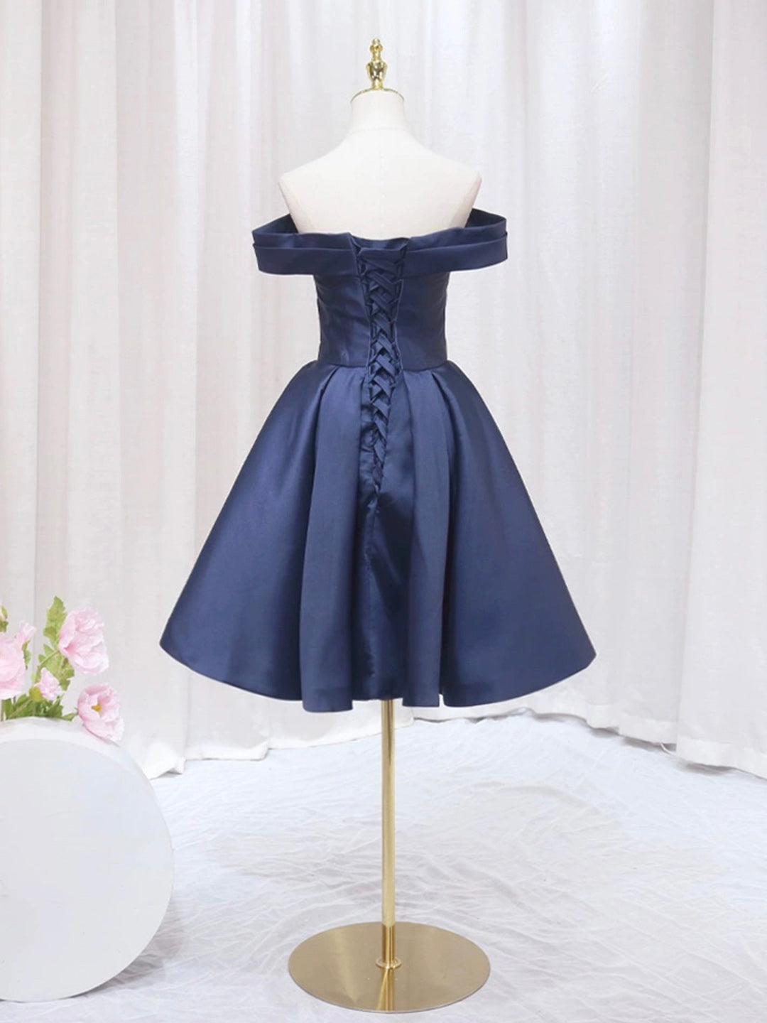 Prom Dress Pieces, Blue V-neckline Satin Off Shoulder Party Dress, A-Line Blue Short Evening Prom Dress