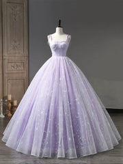 Party Dresses Express, Light Purple Tulle Straps Long Prom Dress, Purple A-Line Princess Dress