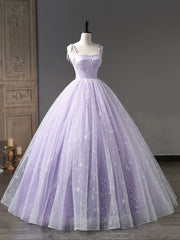 Party Dress And Style, Light Purple Tulle Straps Long Prom Dress, Purple A-Line Princess Dress