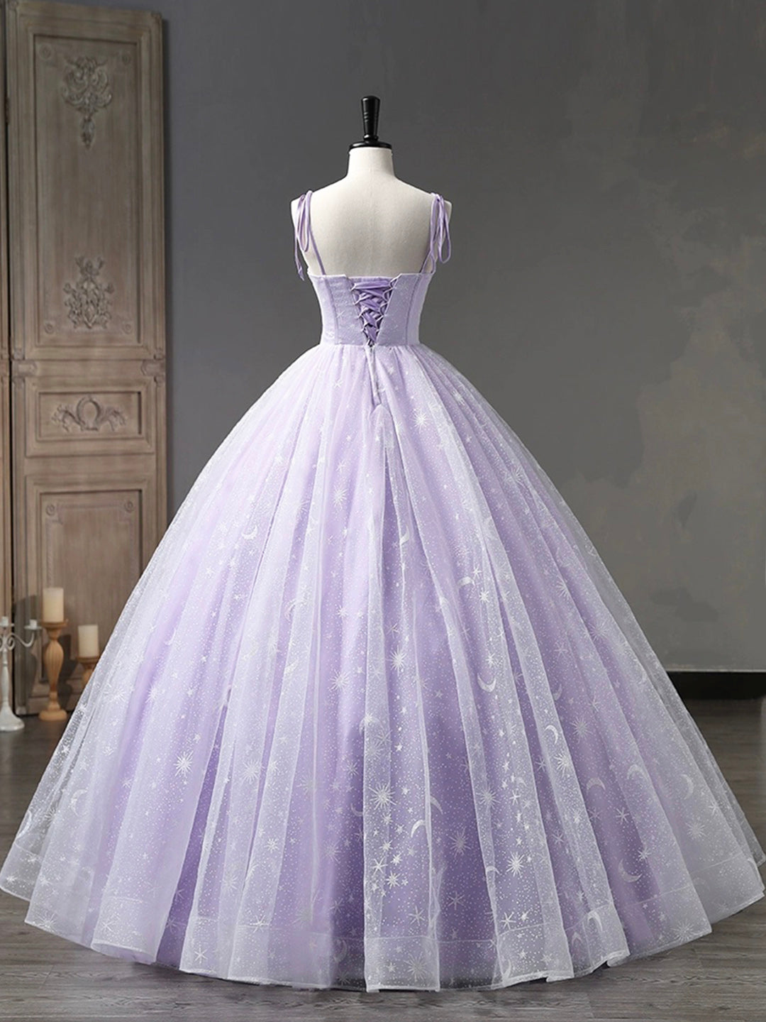 Party Dress Brands Usa, Light Purple Tulle Straps Long Prom Dress, Purple A-Line Princess Dress