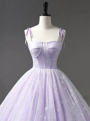 Party Dress Express, Light Purple Tulle Straps Long Prom Dress, Purple A-Line Princess Dress