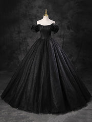 Short Wedding Dress, Black Sparkly Tulle Off the Shoulder Long Formal Dress, Elegant A-Line Black Evening Party Dress