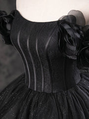 Bridal Bouquet, Black Sparkly Tulle Off the Shoulder Long Formal Dress, Elegant A-Line Black Evening Party Dress