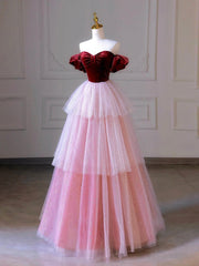 Homecomeing Dresses Black, Burgundy Velvet and Layers Tulle Long Prom Dress, Off the Shoulder A-Line Evening Party Dress