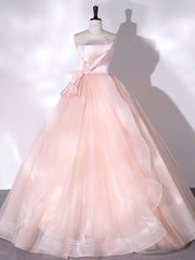 Bridesmaids Dresses Blush Pink, Pink Strapless Tulle Long Formal Dress, Pink A-line Prom Dress with Feathers