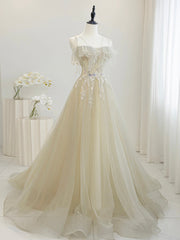 Ruffle Dress, Cute Tulle Sequins Floor Length Prom Dress, Beautiful Spaghetti Strap Evening Party Dress