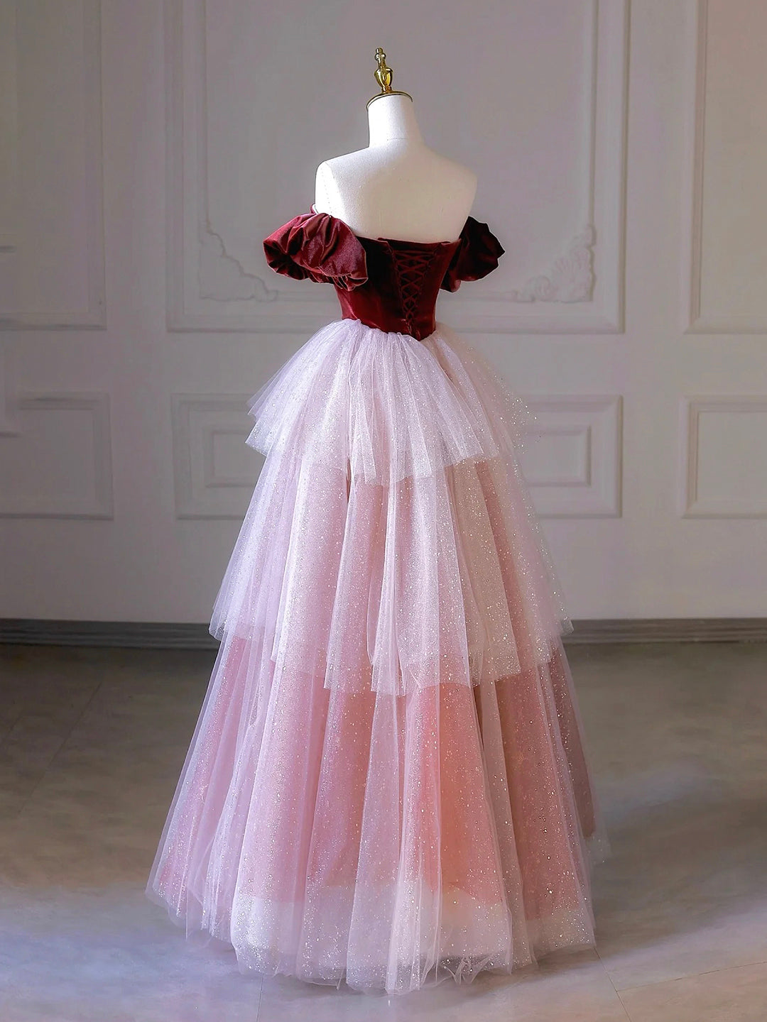 Homecomming Dresses Black, Burgundy Velvet and Layers Tulle Long Prom Dress, Off the Shoulder A-Line Evening Party Dress