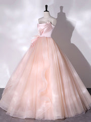 Bridesmaid Dress Blush Pink, Pink Strapless Tulle Long Formal Dress, Pink A-line Prom Dress with Feathers