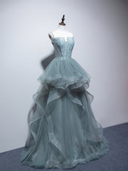 Formal Dress Australia, Dusty Green Spaghetti Strap Ruffled Floor-length Formal Dress, Cute Tulle Lace Evening Party Dress