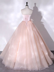 Bridesmaid Dresses Blush Pink, Pink Strapless Tulle Long Formal Dress, Pink A-line Prom Dress with Feathers