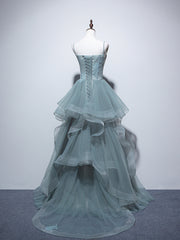 Formal Dress Boutique, Dusty Green Spaghetti Strap Ruffled Floor-length Formal Dress, Cute Tulle Lace Evening Party Dress