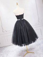 Wedding Inspo, Black Strapless Tulle Knee Length Prom Dress, Black A-Line Sweetheart Party Dress