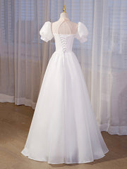 Formal Dress For Ladies, Elegant White Tulle Appliques Long Prom Dress, White High Neck A-Line Evening Dress