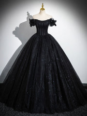 Prom Dresses For Chubby Girls, Sparkly Tulle Black Sweetheart Ball Gown, A-Line Off the Shoulder Evening Dress