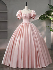 Party Dress Fashion, Beautiful Pink Scoop Neck Satin Floor Length Prom Dress, A-Line Short Sleeve Evening Dress with Bow