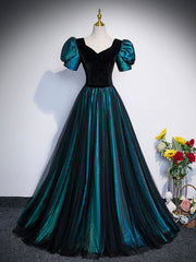 Prom Dress Long Blue, Unique Black Velvet and Tulle Long Prom Dress, A-Line Short Sleeve Evening Party Dress