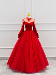 Green Dress, Red Velvet Tulle Floor Length Prom Dress, Beautiful Long Sleeve Evening Party Dress