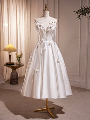 Prom Dresses Sleeve, White Spaghetti Strap Satin Short Prom Dress, White V-Neck Evening Party Dress
