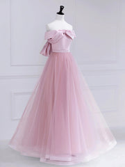 Bridesmaid Dresses Modest, Pink Satin Tulle Long Prom Dress, Pink Off Shoulder Evening Dress