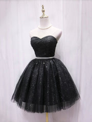 Wedding Photo Ideas, Black Strapless Tulle Knee Length Prom Dress, Black A-Line Sweetheart Party Dress