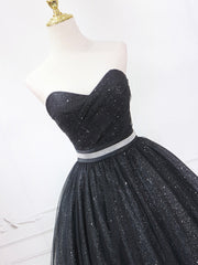 Spring Wedding, Black Strapless Tulle Knee Length Prom Dress, Black A-Line Sweetheart Party Dress