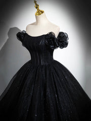 Prom Dress Long With Sleeves, Sparkly Tulle Black Sweetheart Ball Gown, A-Line Off the Shoulder Evening Dress