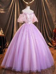 Bridesmaid Dresses With Sleeves, Purple Tulle Sequins Long Prom Dress, A-Line Off the Shoulder Evening Party Dress