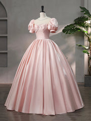 Party Dress Design, Beautiful Pink Scoop Neck Satin Floor Length Prom Dress, A-Line Short Sleeve Evening Dress with Bow