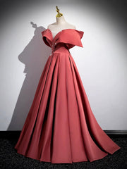 Party Dress Idea, Beautiful Satin Off Shoulder Long Party Dress, A-Line Pearl Floor Length Prom Dress