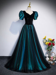 Prom Dress Blue Long, Unique Black Velvet and Tulle Long Prom Dress, A-Line Short Sleeve Evening Party Dress