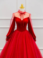 Floral Dress, Red Velvet Tulle Floor Length Prom Dress, Beautiful Long Sleeve Evening Party Dress