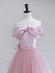 Country Wedding, Pink Satin Tulle Long Prom Dress, Pink Off Shoulder Evening Dress