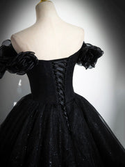 Prom Dresses Long With Sleeves, Sparkly Tulle Black Sweetheart Ball Gown, A-Line Off the Shoulder Evening Dress