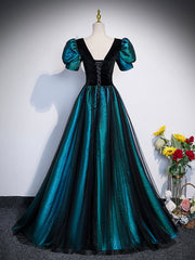 Prom Dresses Blue Long, Unique Black Velvet and Tulle Long Prom Dress, A-Line Short Sleeve Evening Party Dress