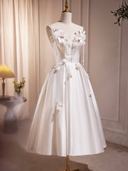 Prom Dresses 12, White Spaghetti Strap Satin Short Prom Dress, White V-Neck Evening Party Dress