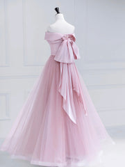 Flower Girl Dress, Pink Satin Tulle Long Prom Dress, Pink Off Shoulder Evening Dress