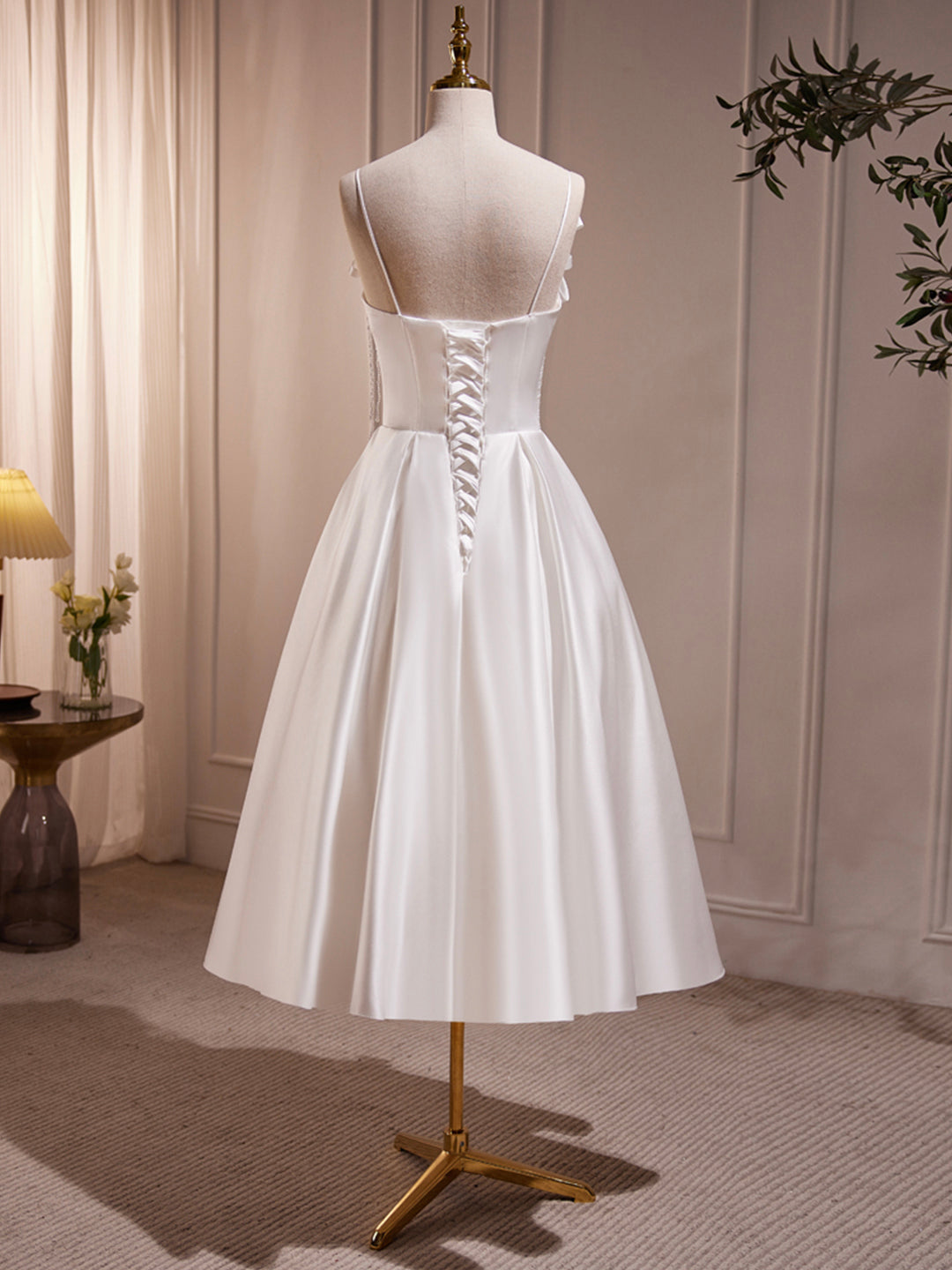 Prom Dress 12, White Spaghetti Strap Satin Short Prom Dress, White V-Neck Evening Party Dress