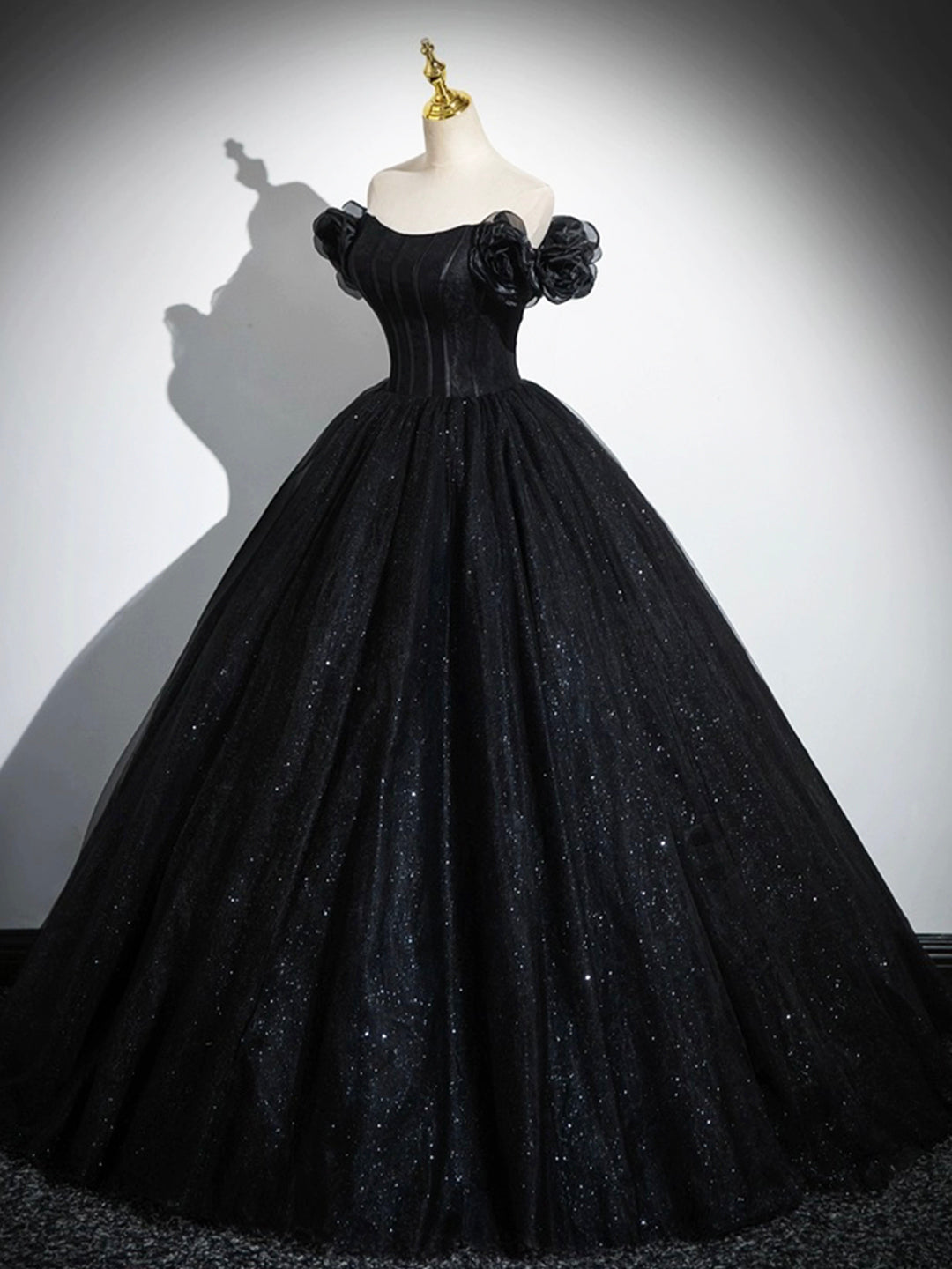 Prom Dress Long Mermaid, Sparkly Tulle Black Sweetheart Ball Gown, A-Line Off the Shoulder Evening Dress
