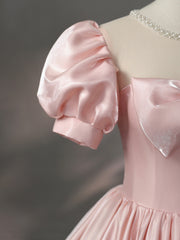 Party Dress Night, Beautiful Pink Scoop Neck Satin Floor Length Prom Dress, A-Line Short Sleeve Evening Dress with Bow