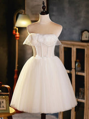 Party Dresses Online Shopping, Light Champagne Strapless Tulle Short Prom Dress, Beautiful A-Line Evening Party Dress