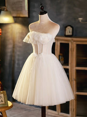 Party Dresses Online Shop, Light Champagne Strapless Tulle Short Prom Dress, Beautiful A-Line Evening Party Dress