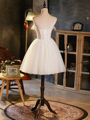 Party Dress Online Shopping, Light Champagne Strapless Tulle Short Prom Dress, Beautiful A-Line Evening Party Dress