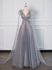 Flowy Dress, Gray Tulle V-Neck Floor Length Prom Dress, A-Line Backless Evening Party Dress