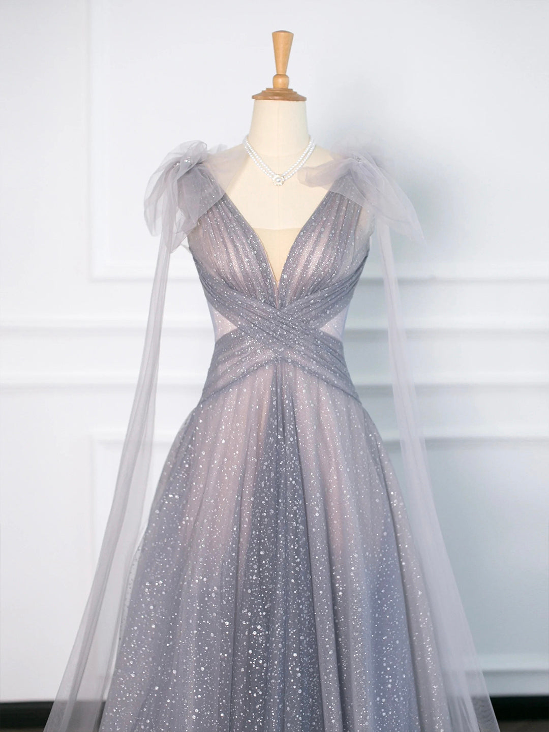 Bow Dress, Gray Tulle V-Neck Floor Length Prom Dress, A-Line Backless Evening Party Dress