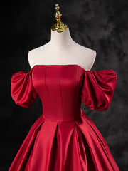 Prom Dresses Style, Burgundy Satin Off the Shoulder Formal Dress, A-Line Burgundy Evening Dress