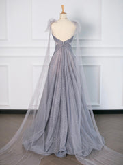 Semi Formal, Gray Tulle V-Neck Floor Length Prom Dress, A-Line Backless Evening Party Dress